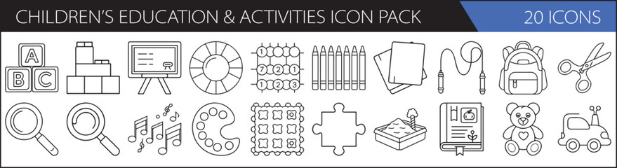 Children's Education & Activities Icon Set – 20 Line Art Symbols for Learning & Play