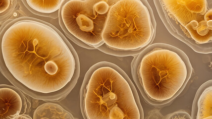 Microscopic view of bacterial colonies on agar plate, organic texture background mockup, microbiology lab test, scientific biodiversity investigation concept
