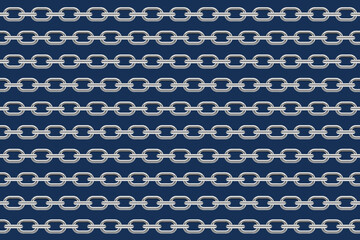 Seamless pattern of silver-colored metal chains, a series of interconnected, usually metal links or rings fitted into one another. Silver chains on dark blue background.