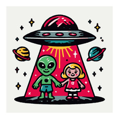 Colorful Cartoon Aliens and Kids Holding Hands in a Cosmic Scene