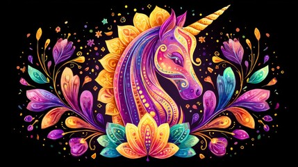 Obraz premium Unicorn Animal Portrait With Magical, Glowing Flowers. Detailed Mythical Creature Design In A Soft Pastel Watercolor Style. Vector Illustration On A Dark Background For Fantasy And Magic Art