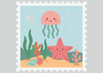 Cute Jellyfish and Starfish Underwater Stamp in Flat Cartoon Style