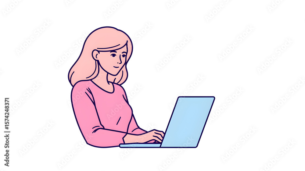 Fototapete Woman on laptop with mouse, freelancer line icon, work and study concept, student vector sign on white background, outline style icon mobile concept web design. Vector graphics.. Generative AI