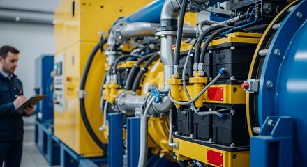Technician Inspecting Large Industrial Generator System in Factory Setting