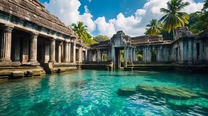 Ancient stone ruins with majestic columns are partially submerged in crystal-clear turquoise water, surrounded by lush tropical palm trees under a bright blue sky.