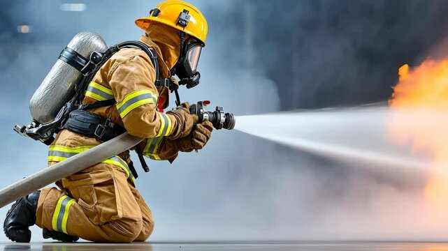 Firefighter battling flames during training drill in controlled environment