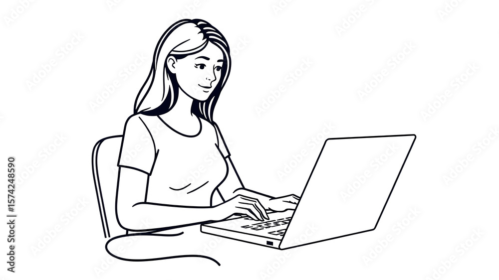 Fototapete woman on laptop with mouse, freelancer line icon, work and study concept, student vector sign on whi