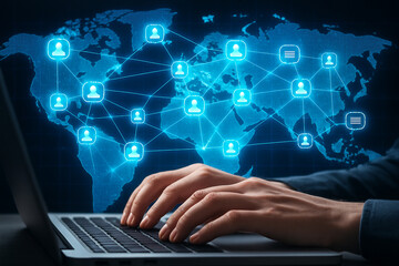 Global network connection technology concept with laptop and world map background illustration