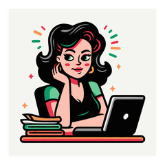 Cartoon Woman Working at Desk with Laptop and Books in Modern Style