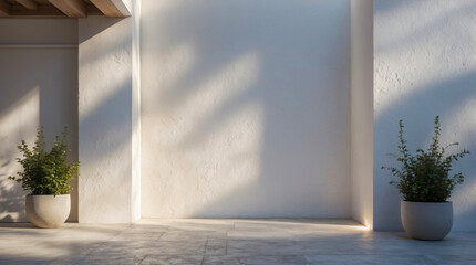 Minimalist outdoor space with two potted green plants against a clean white wall, softly lit by natural sunlight casting gentle shadows across the textured surface.