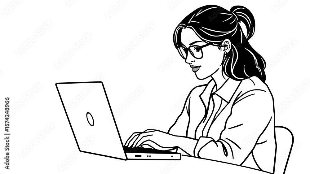 Fototapete woman on laptop with mouse, freelancer line icon, work and study concept, student vector sign on whi