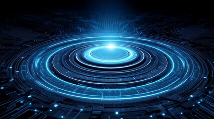 Fototapeta premium Futuristic blue neon circular energy portal with circuit board background
