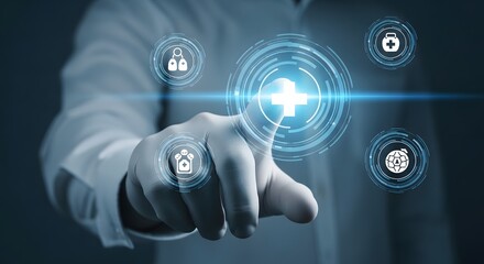 A gloved hand interacts with a holographic interface displaying medical icons, suggesting a futuristic healthcare concept.