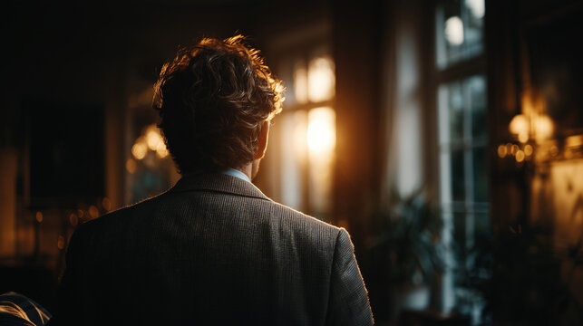 A man in a formal jacket stands with his back to the setting sun in a cozy room with soft light. - Powered by Adobe