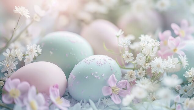 Easter background with pastel colored eggs and delicate flowers in a close-up view