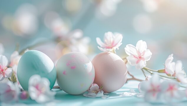 Easter background with pastel colored eggs and delicate flowers in a close-up view