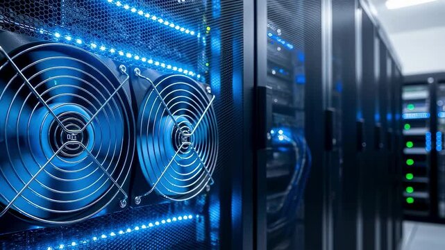 Powerful cooling fans are working to maintain optimal temperature inside a server rack, illuminated by blue led lights, ensuring efficient data processing - Powered by Adobe