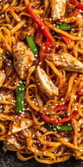 stir-fried noodles with chicken, vegetables, and sesame seeds, macro and full-frame texture shot, close-up texture, top view