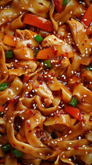 stir-fried flat rice noodles with chicken, vegetables, and sesame seeds, macro and full-frame texture shot, close-up texture, top view