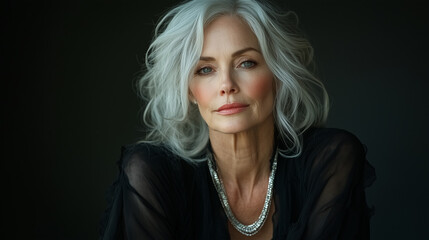 Elegant Senior Woman with White Hair in Black Dress