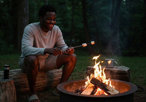 Cheerful man roasting marshmallows by campfire in forest at dusk
