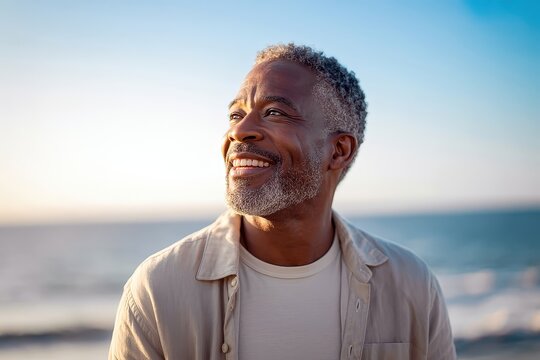 Happy senior man smiles at the ocean on a sunny day
