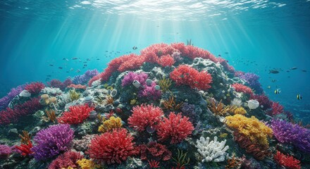 Naklejka premium Vibrant Underwater Coral Reef Ecosystem: A Stunning Display of Marine Life and Colorful Corals