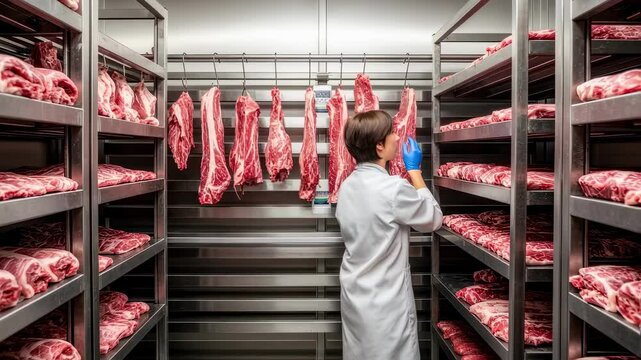 Clean and organized meat locker with person reviewing hanging meat portions