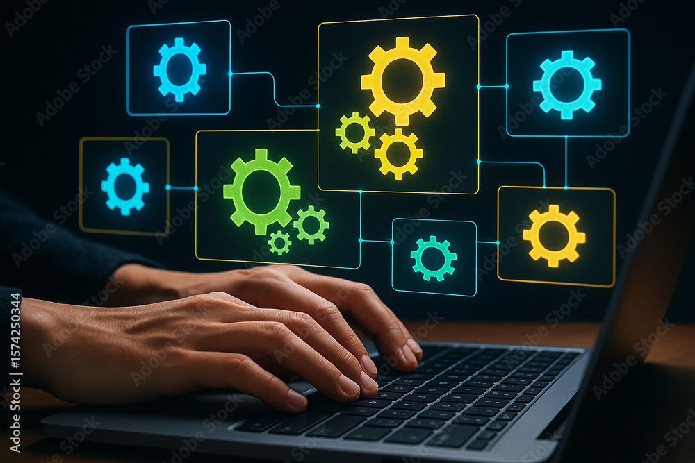 Poster software development automation concept with gears on screen and hands typing on laptop keyboard
