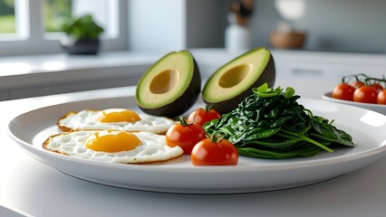 Side view of a healthy keto breakfast | Fried eggs, avacado, salad