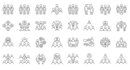 Fototapeta premium Collection of minimalist line art icons representing teamwork and collaboration concepts.