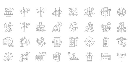 Collection of line art icons depicting renewable energy sources and sustainable practices.