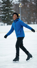 Naklejka premium Joyful young adult African American man ice skating outdoors in winter park