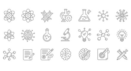 Fototapeta premium Collection of science and technology icons, including atoms, DNA, beakers, microscopes, brains, and lightbulbs, depicted in a line art style.