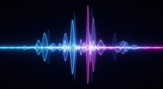 Abstract neon sound wave pattern on black background with blue and pink gradient