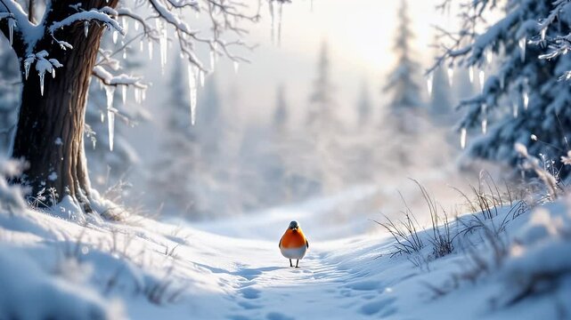 Serene Winter Robin: Peaceful Snowy Forest Path, Slow-Motion 4K Footage