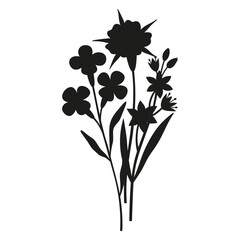 Wildflowers silhouette bouquet. Hand-drawn gagea, inflorescence meadow flowers, herbs, and wild plants. Botanical elements for design projects. Minimal style, vector illustration