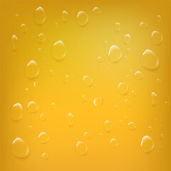Yellow background with realistic drops of juice or beer