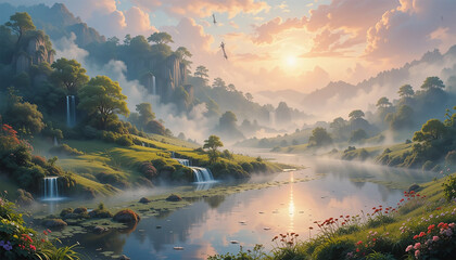 A serene landscape painting featuring a river flowing into a waterfall surrounded by lush greenery and vibrant skies