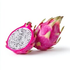 Vibrant dragon fruit cut in half revealing pink flesh on white background, ultra-realistic food photography for packaging and ads