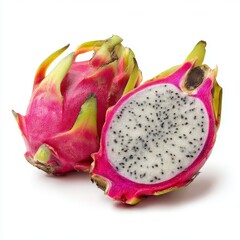 Vibrant dragon fruit cut in half revealing pink flesh on white background, ultra-realistic food photography for packaging and ads