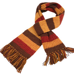Warm knitted striped scarf with fringes isolated on transparent background
