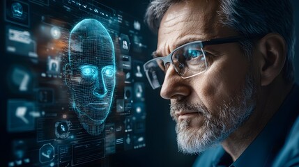 A serious looking security professional using advanced digital technology and intelligence to monitor a complex surveillance system in a secure government facility