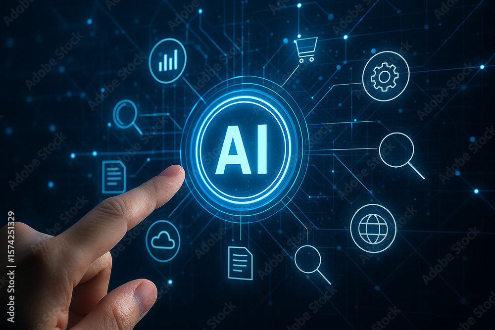 Poster ai artificial intelligence technology concept with hand touching interface digital network future