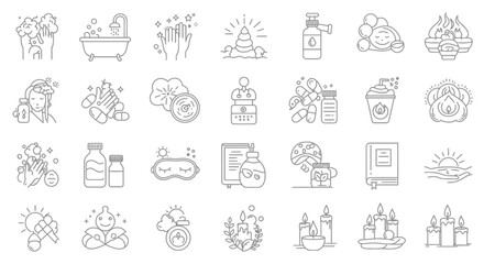 Collection of simple line art icons representing various wellness and self-care activities.