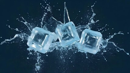 Three ice cubes splashing in water against a dark blue background in a studio shot image. Ice cubes splashing in clear water. Frozen ice falling in water splash. Water splash with crystal ice cubes - Powered by Adobe