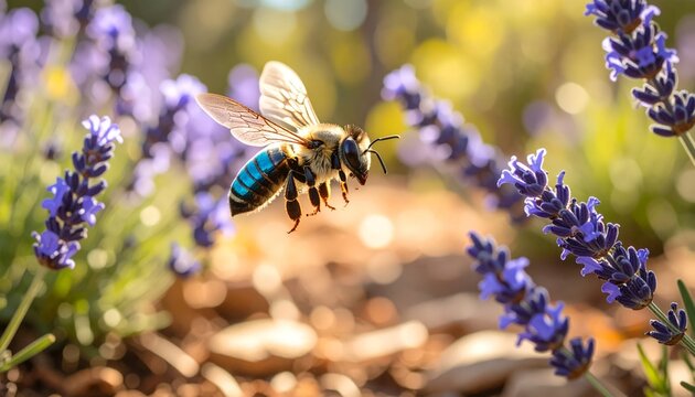 Blue banded bee visits lavender blooms