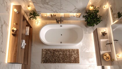 Elevated View of a Modern, Luxurious Bathroom with Oval Bathtub and Warm Lighting