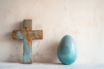 Easter blue egg and wooden cross on a light background
