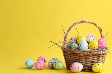 Easter basket with colorful eggs on table against yellow background